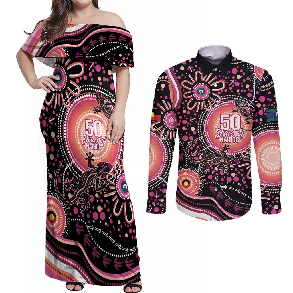 Australia NAIDOC Week Couples Matching Off Shoulder Maxi Dress and Long Sleeve Button Shirt Happy 50th Anniversary Pink Version