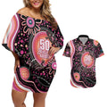 Australia NAIDOC Week Couples Matching Off Shoulder Short Dress and Hawaiian Shirt Happy 50th Anniversary Pink Version