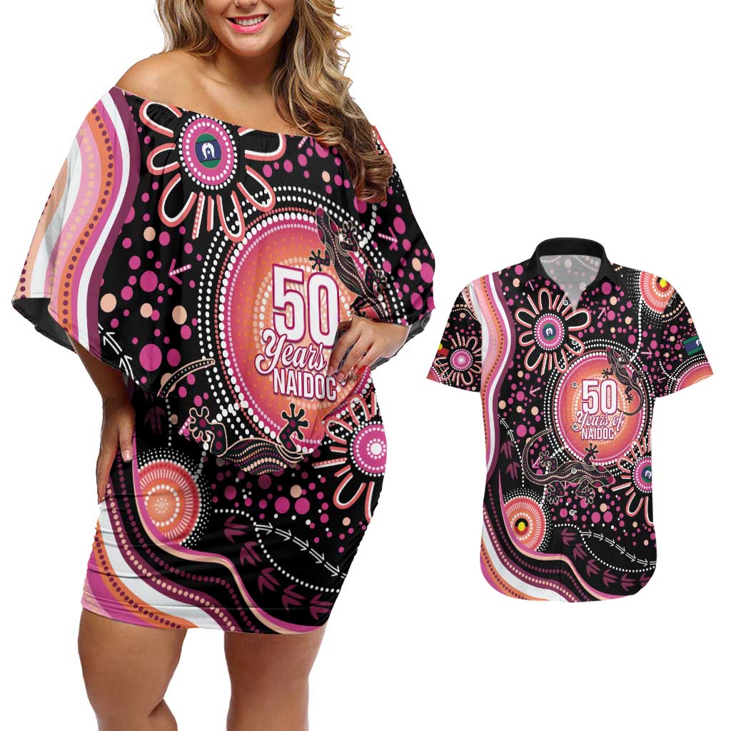 Australia NAIDOC Week Couples Matching Off Shoulder Short Dress and Hawaiian Shirt Happy 50th Anniversary Pink Version