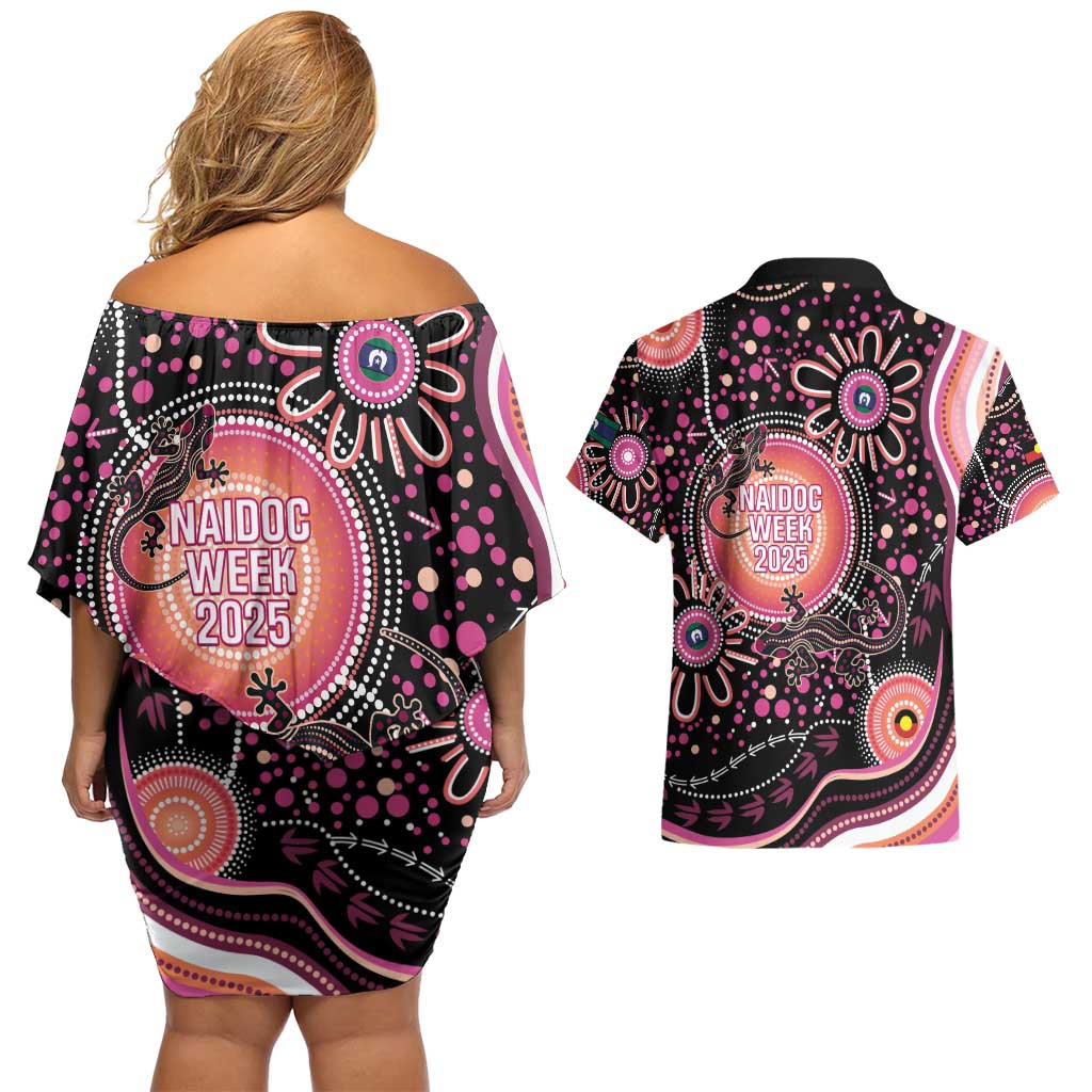 Australia NAIDOC Week Couples Matching Off Shoulder Short Dress and Hawaiian Shirt Happy 50th Anniversary Pink Version