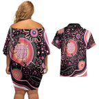 Australia NAIDOC Week Couples Matching Off Shoulder Short Dress and Hawaiian Shirt Happy 50th Anniversary Pink Version