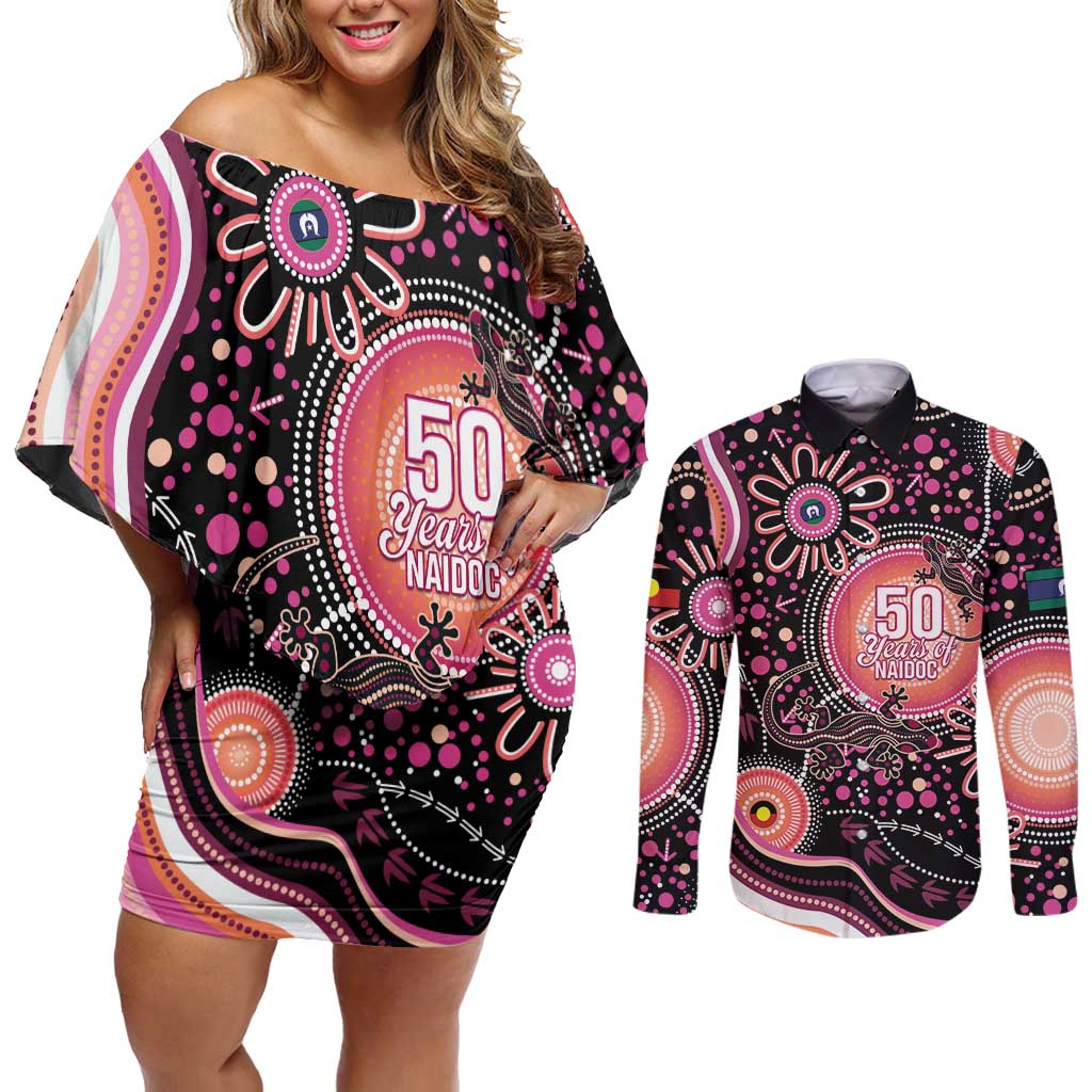 Australia NAIDOC Week Couples Matching Off Shoulder Short Dress and Long Sleeve Button Shirt Happy 50th Anniversary Pink Version