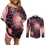 Australia NAIDOC Week Couples Matching Off Shoulder Short Dress and Long Sleeve Button Shirt Happy 50th Anniversary Pink Version