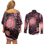 Australia NAIDOC Week Couples Matching Off Shoulder Short Dress and Long Sleeve Button Shirt Happy 50th Anniversary Pink Version