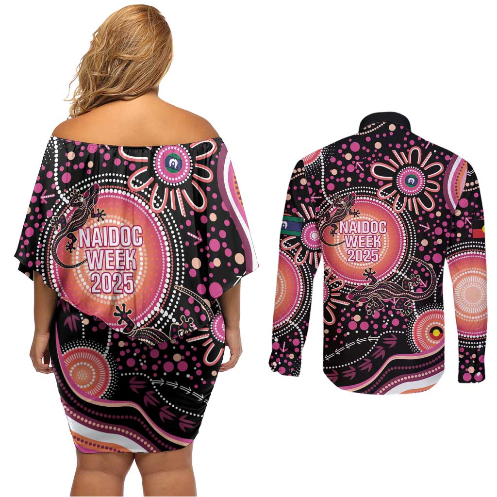 Australia NAIDOC Week Couples Matching Off Shoulder Short Dress and Long Sleeve Button Shirt Happy 50th Anniversary Pink Version