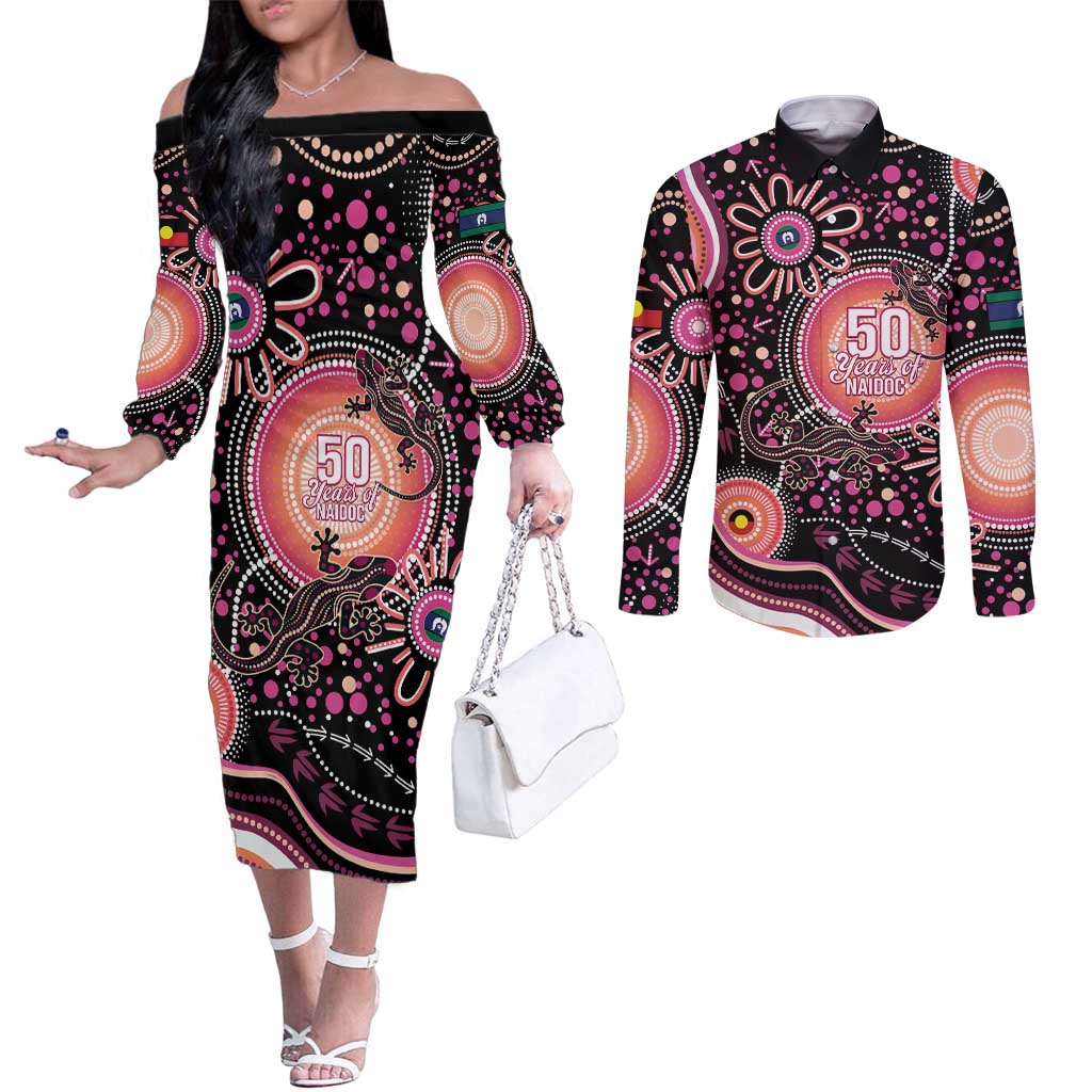Australia NAIDOC Week Couples Matching Off The Shoulder Long Sleeve Dress and Long Sleeve Button Shirt Happy 50th Anniversary Pink Version