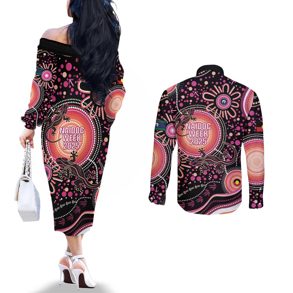 Australia NAIDOC Week Couples Matching Off The Shoulder Long Sleeve Dress and Long Sleeve Button Shirt Happy 50th Anniversary Pink Version