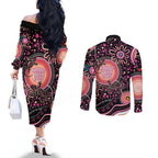 Australia NAIDOC Week Couples Matching Off The Shoulder Long Sleeve Dress and Long Sleeve Button Shirt Happy 50th Anniversary Pink Version