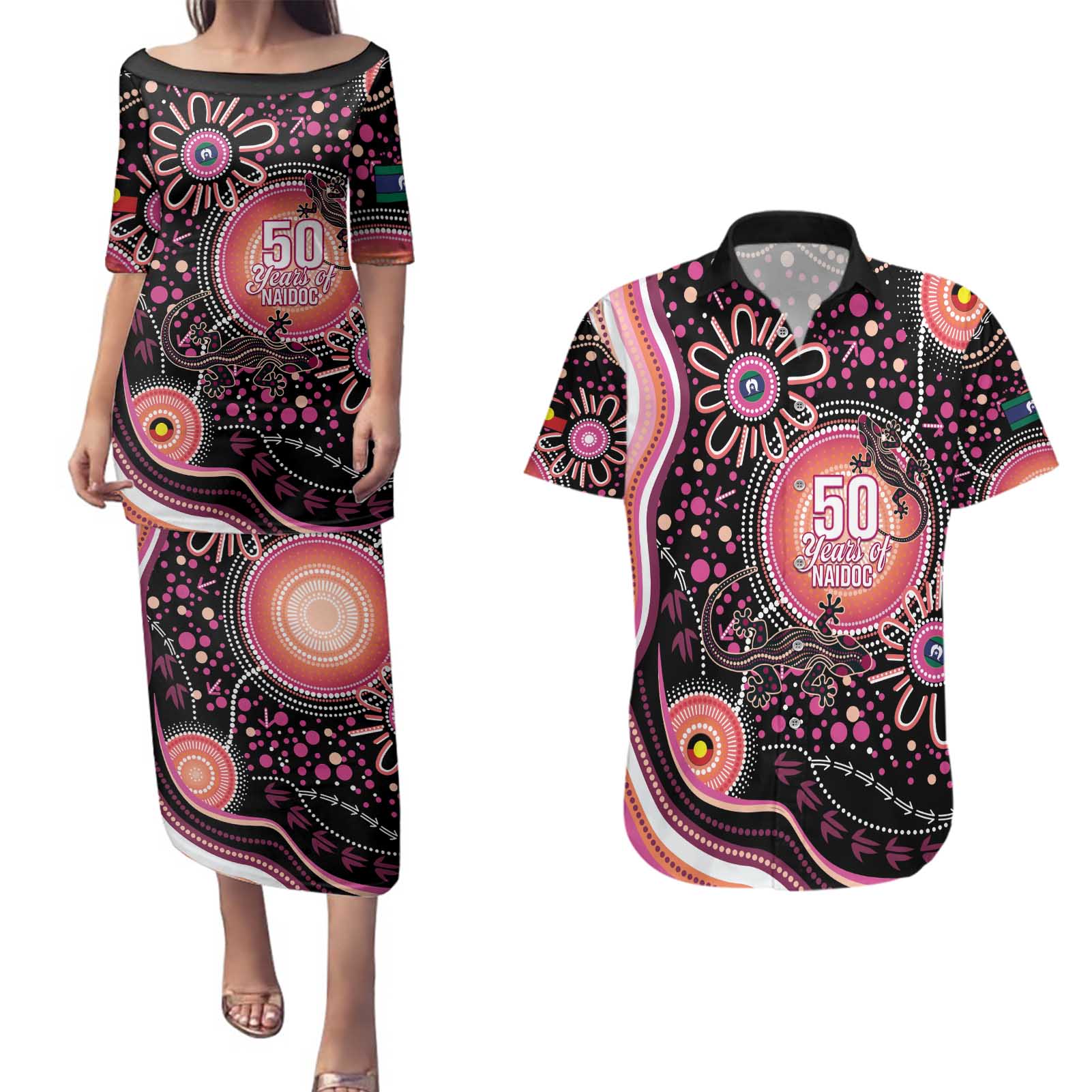 Australia NAIDOC Week Couples Matching Puletasi and Hawaiian Shirt Happy 50th Anniversary Pink Version