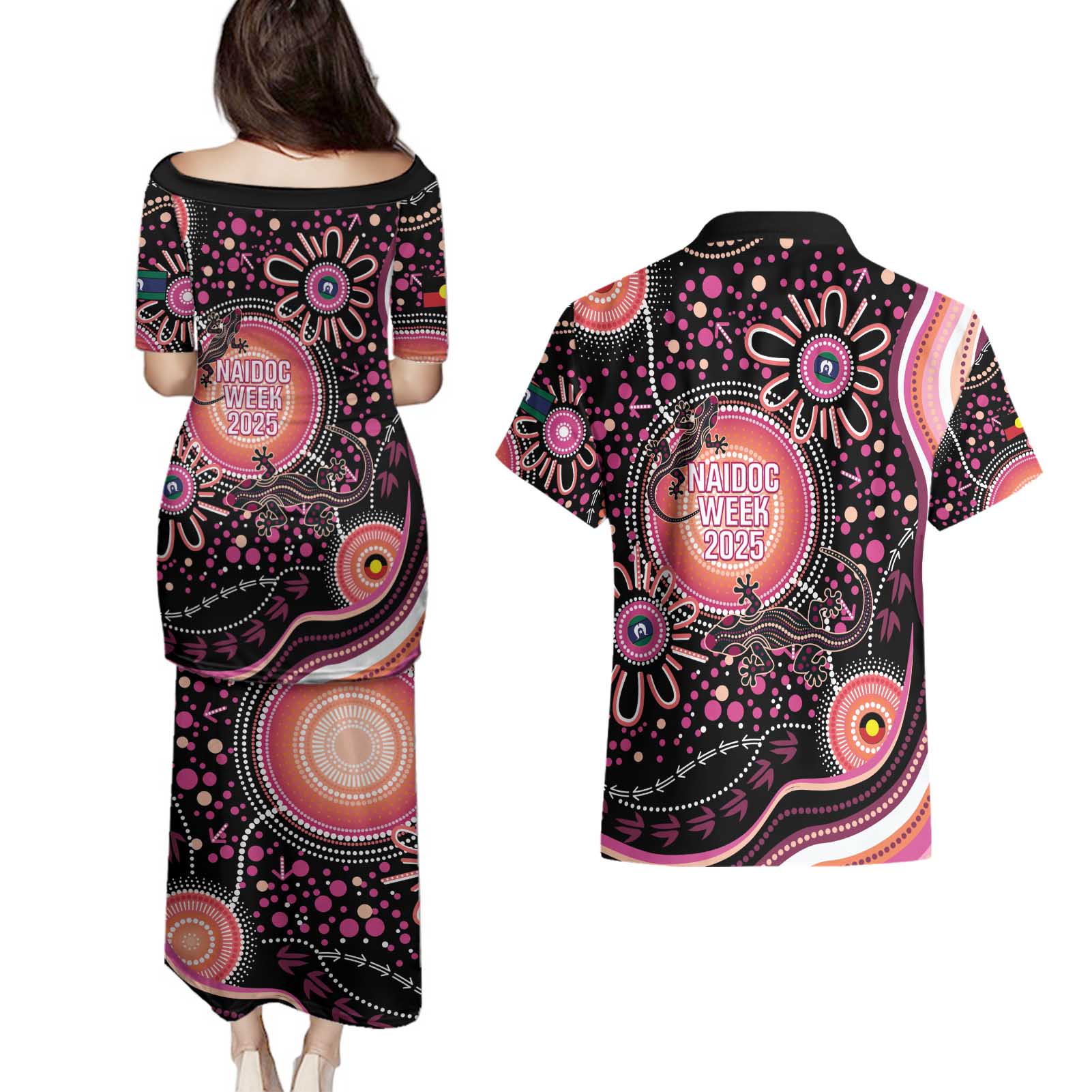 Australia NAIDOC Week Couples Matching Puletasi and Hawaiian Shirt Happy 50th Anniversary Pink Version