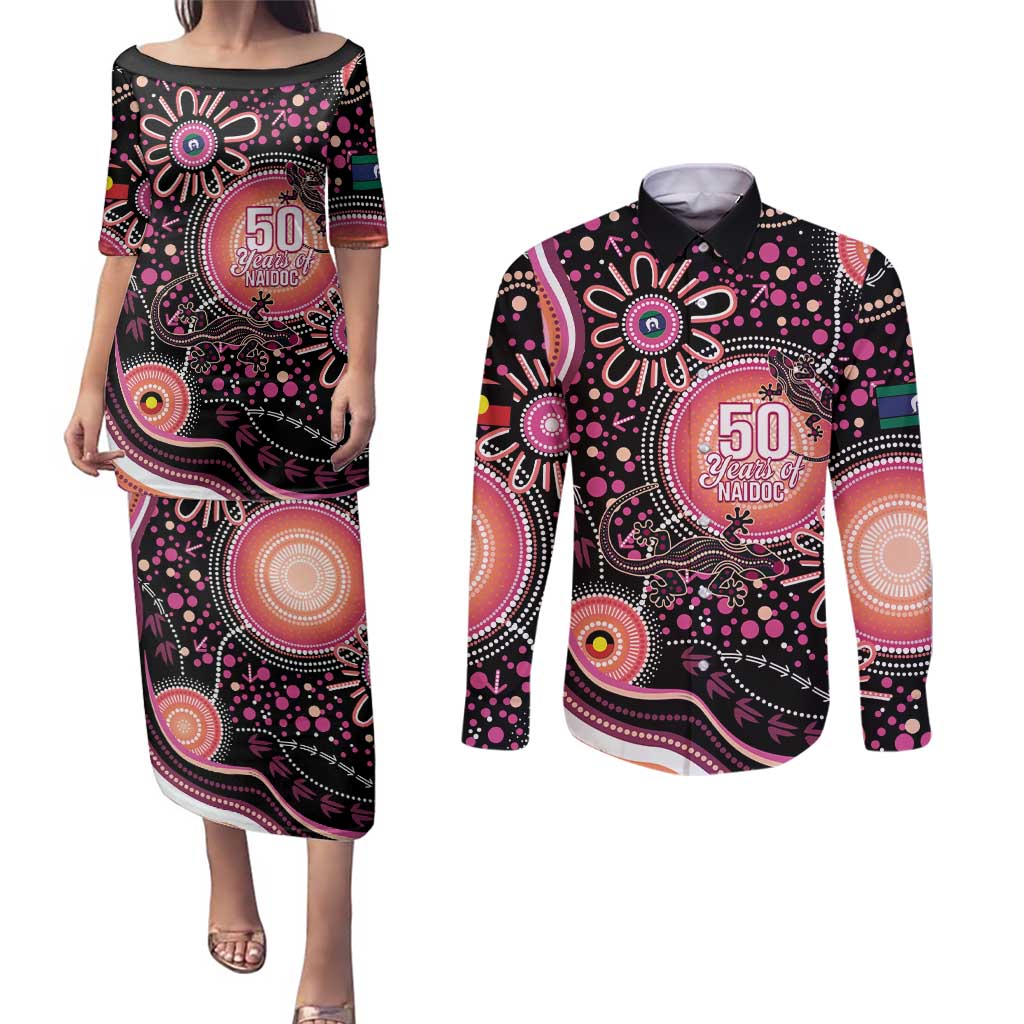 Australia NAIDOC Week Couples Matching Puletasi and Long Sleeve Button Shirt Happy 50th Anniversary Pink Version