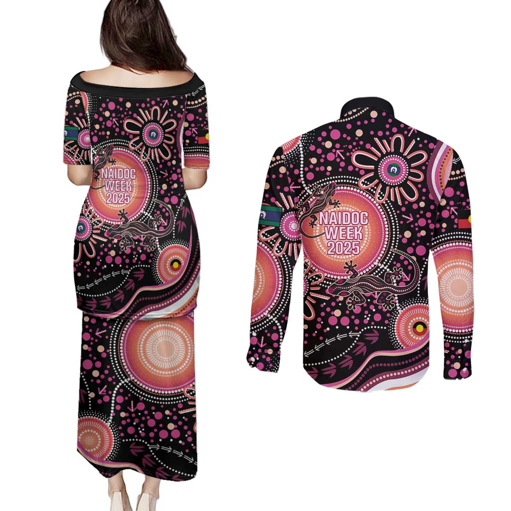 Australia NAIDOC Week Couples Matching Puletasi and Long Sleeve Button Shirt Happy 50th Anniversary Pink Version