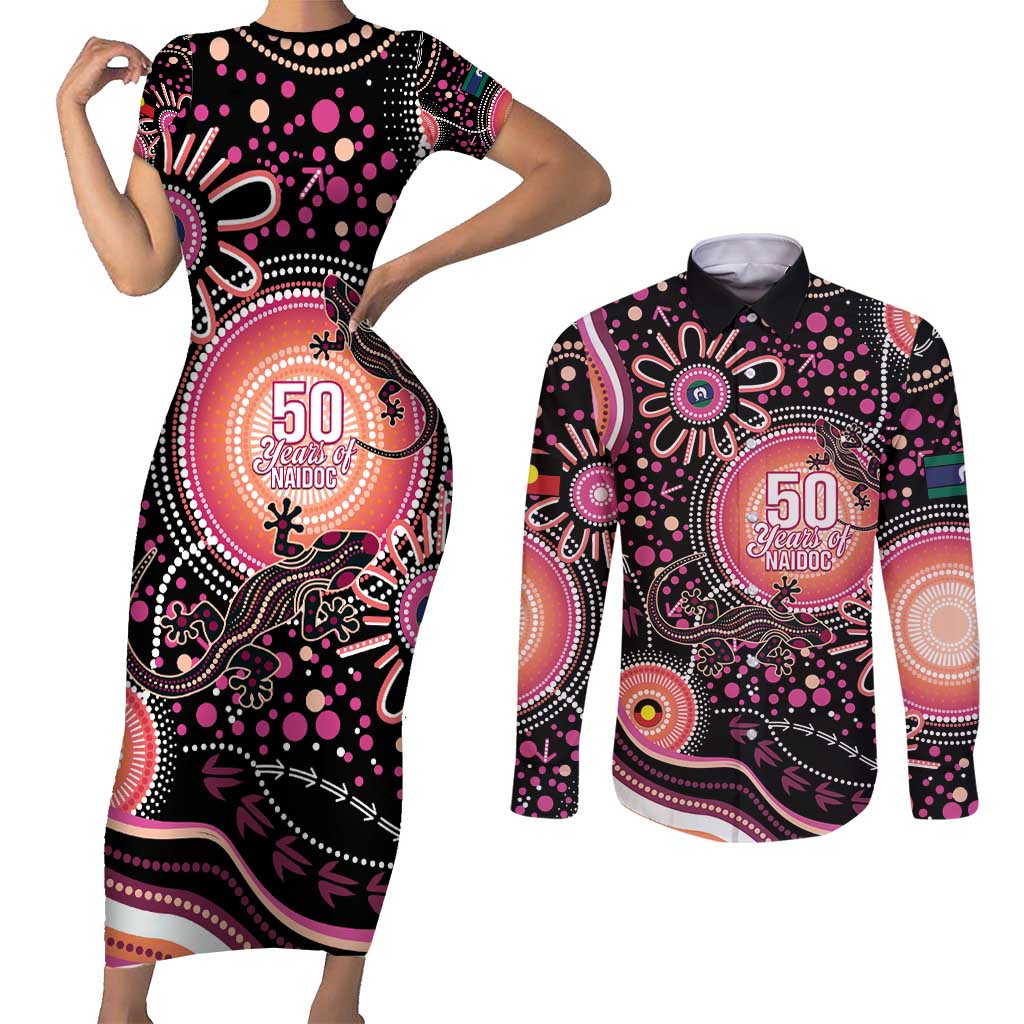 Australia NAIDOC Week Couples Matching Short Sleeve Bodycon Dress and Long Sleeve Button Shirt Happy 50th Anniversary Pink Version