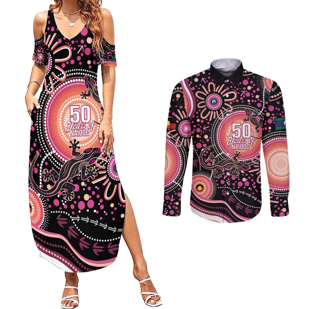 Australia NAIDOC Week Couples Matching Summer Maxi Dress and Long Sleeve Button Shirt Happy 50th Anniversary Pink Version