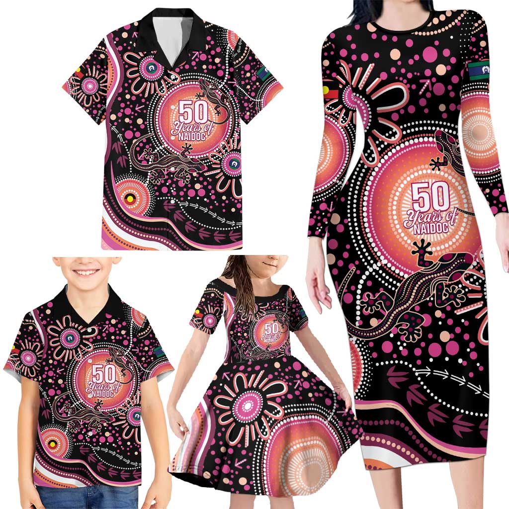 Australia NAIDOC Week Family Matching Long Sleeve Bodycon Dress and Hawaiian Shirt Happy 50th Anniversary Pink Version