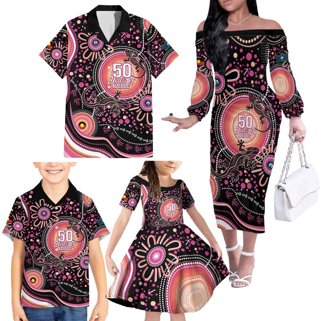 Australia NAIDOC Week Family Matching Off The Shoulder Long Sleeve Dress and Hawaiian Shirt Happy 50th Anniversary Pink Version