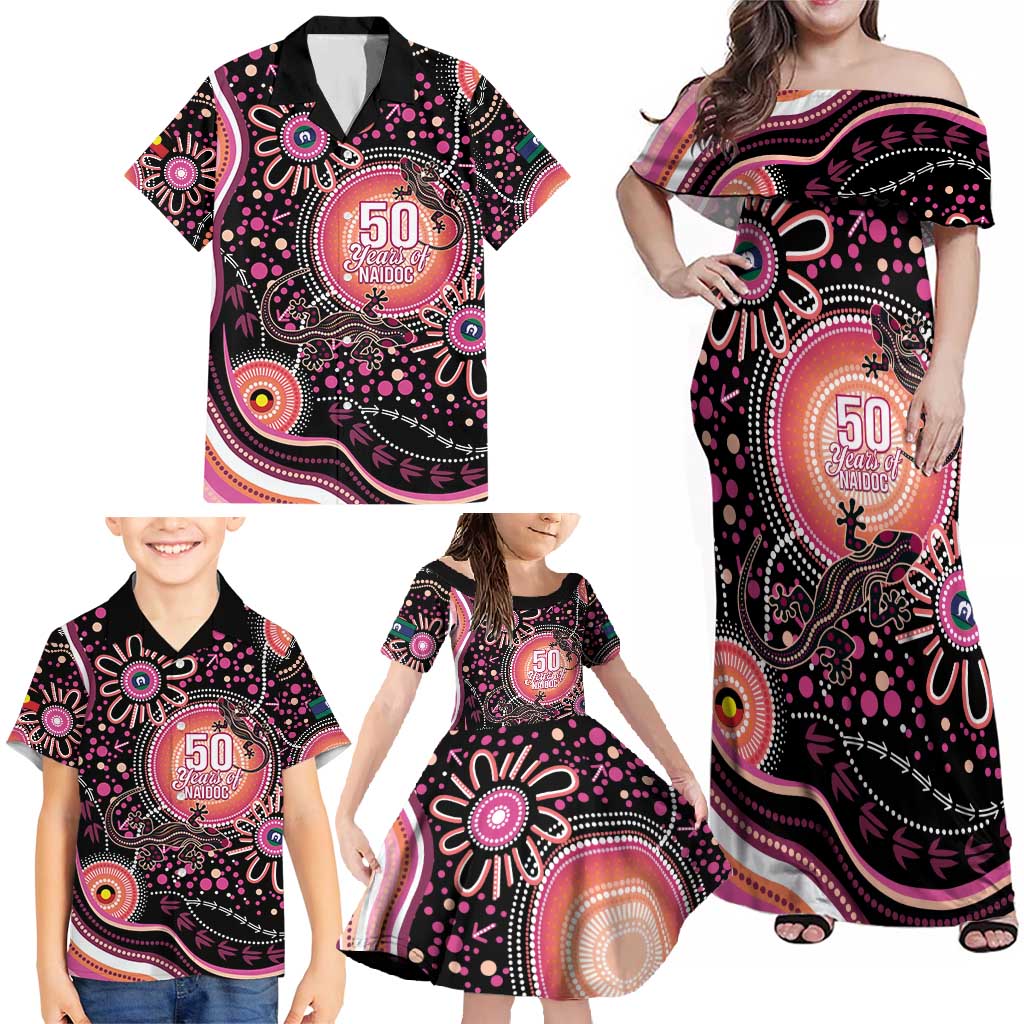 Australia NAIDOC Week Family Matching Off Shoulder Maxi Dress and Hawaiian Shirt Happy 50th Anniversary Pink Version
