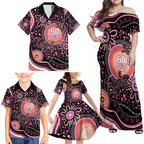 Australia NAIDOC Week Family Matching Off Shoulder Maxi Dress and Hawaiian Shirt Happy 50th Anniversary Pink Version
