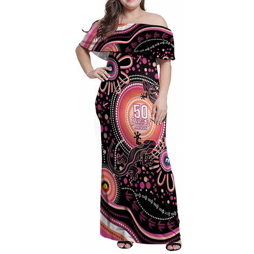 Australia NAIDOC Week Family Matching Off Shoulder Maxi Dress and Hawaiian Shirt Happy 50th Anniversary Pink Version
