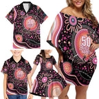 Australia NAIDOC Week Family Matching Off Shoulder Short Dress and Hawaiian Shirt Happy 50th Anniversary Pink Version
