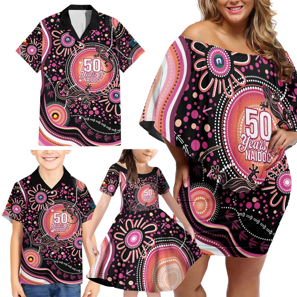 Australia NAIDOC Week Family Matching Off Shoulder Short Dress and Hawaiian Shirt Happy 50th Anniversary Pink Version