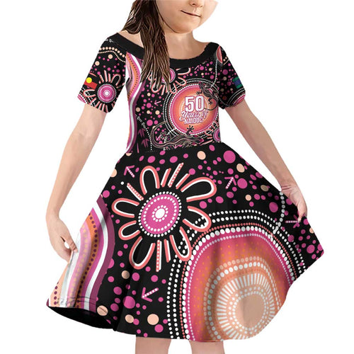 Australia NAIDOC Week Family Matching Off Shoulder Short Dress and Hawaiian Shirt Happy 50th Anniversary Pink Version