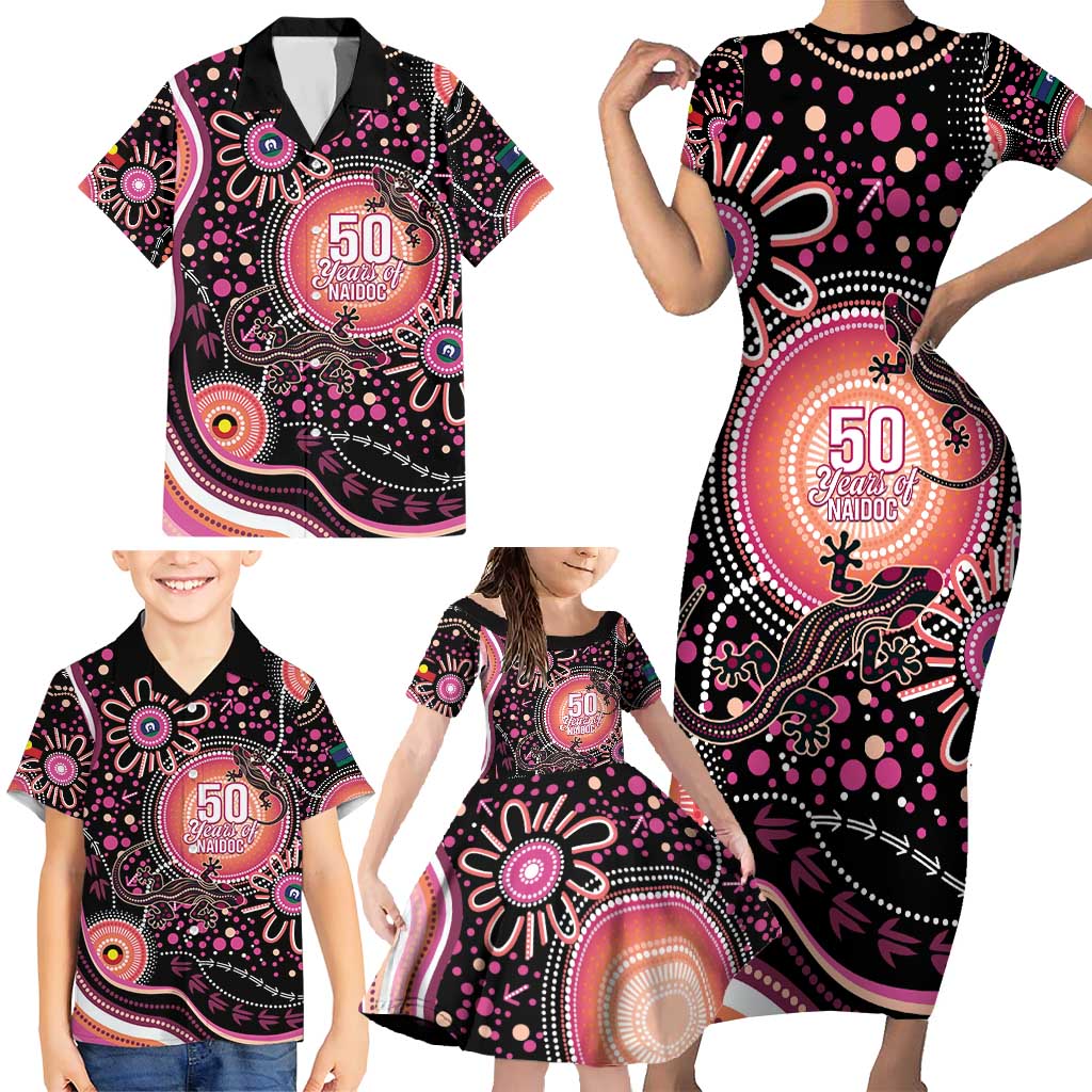 Australia NAIDOC Week Family Matching Short Sleeve Bodycon Dress and Hawaiian Shirt Happy 50th Anniversary Pink Version