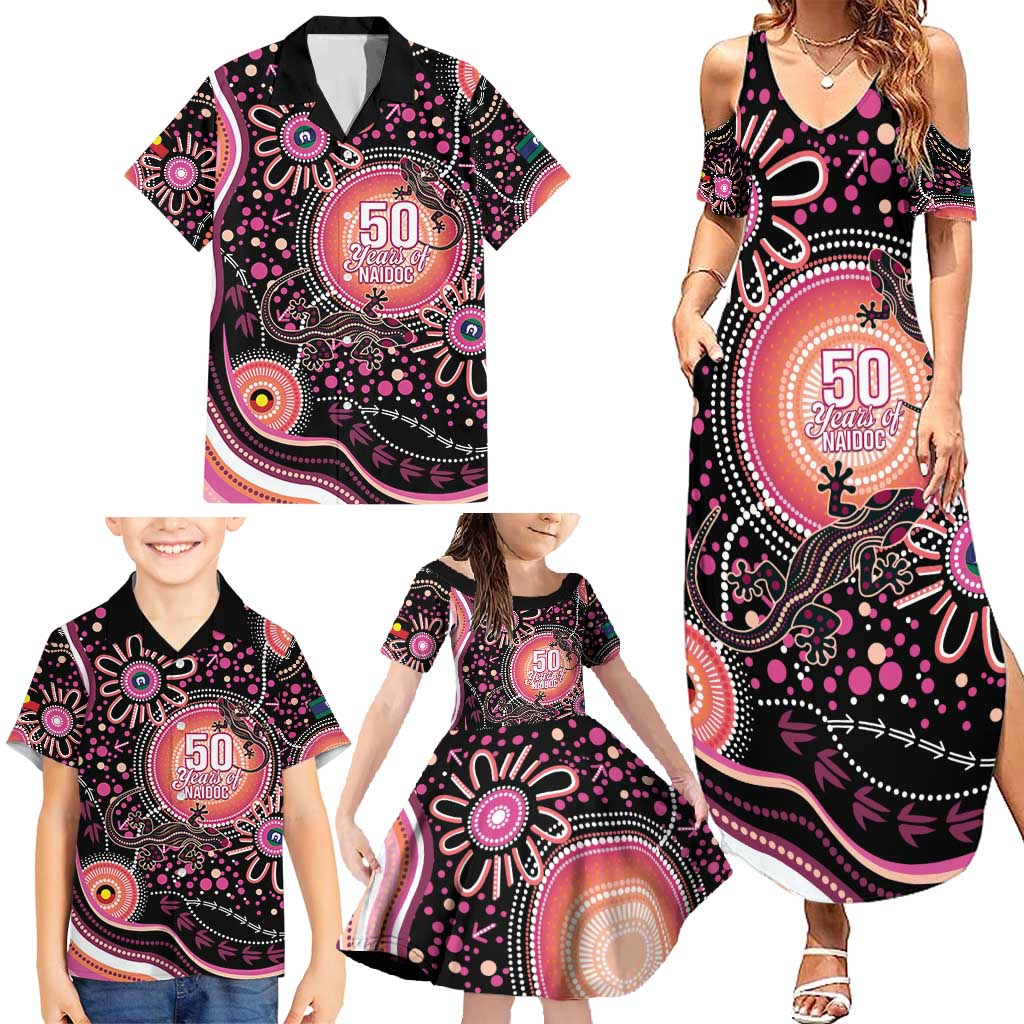 Australia NAIDOC Week Family Matching Summer Maxi Dress and Hawaiian Shirt Happy 50th Anniversary Pink Version