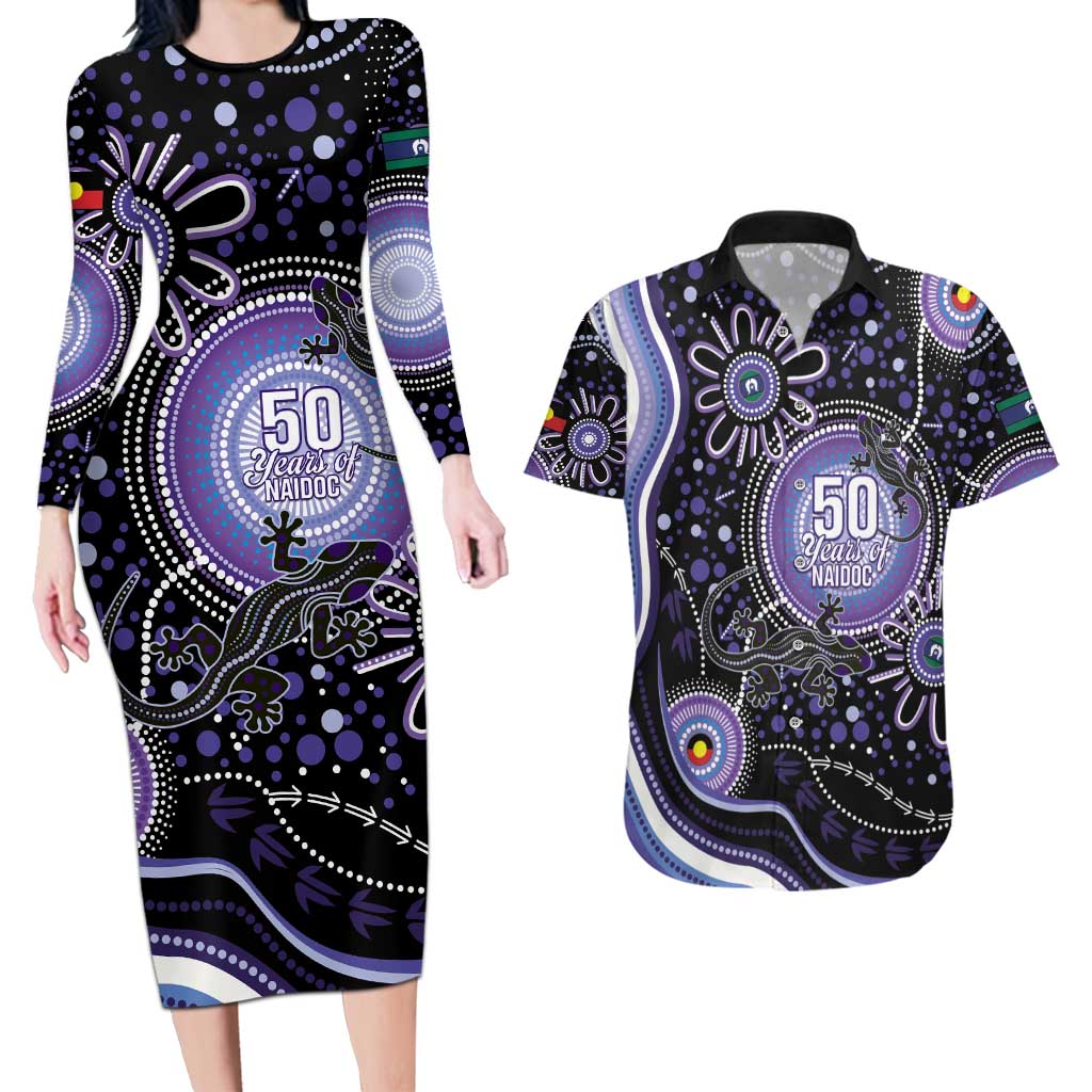 Australia NAIDOC Week Couples Matching Long Sleeve Bodycon Dress and Hawaiian Shirt Happy 50th Anniversary Purple Version