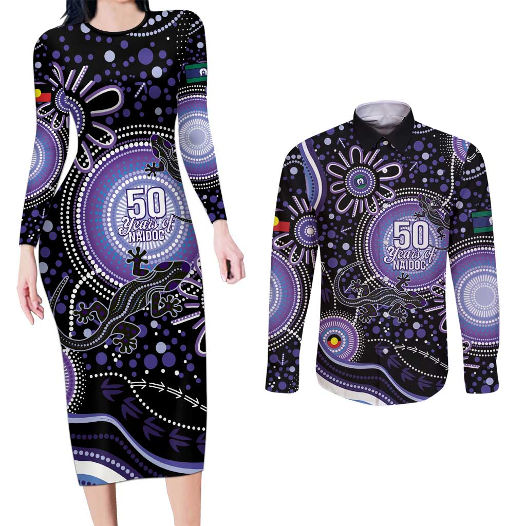 Australia NAIDOC Week Couples Matching Long Sleeve Bodycon Dress and Long Sleeve Button Shirt Happy 50th Anniversary Purple Version