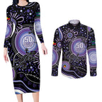 Australia NAIDOC Week Couples Matching Long Sleeve Bodycon Dress and Long Sleeve Button Shirt Happy 50th Anniversary Purple Version