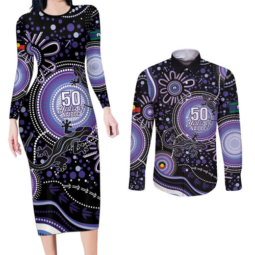 Australia NAIDOC Week Couples Matching Long Sleeve Bodycon Dress and Long Sleeve Button Shirt Happy 50th Anniversary Purple Version