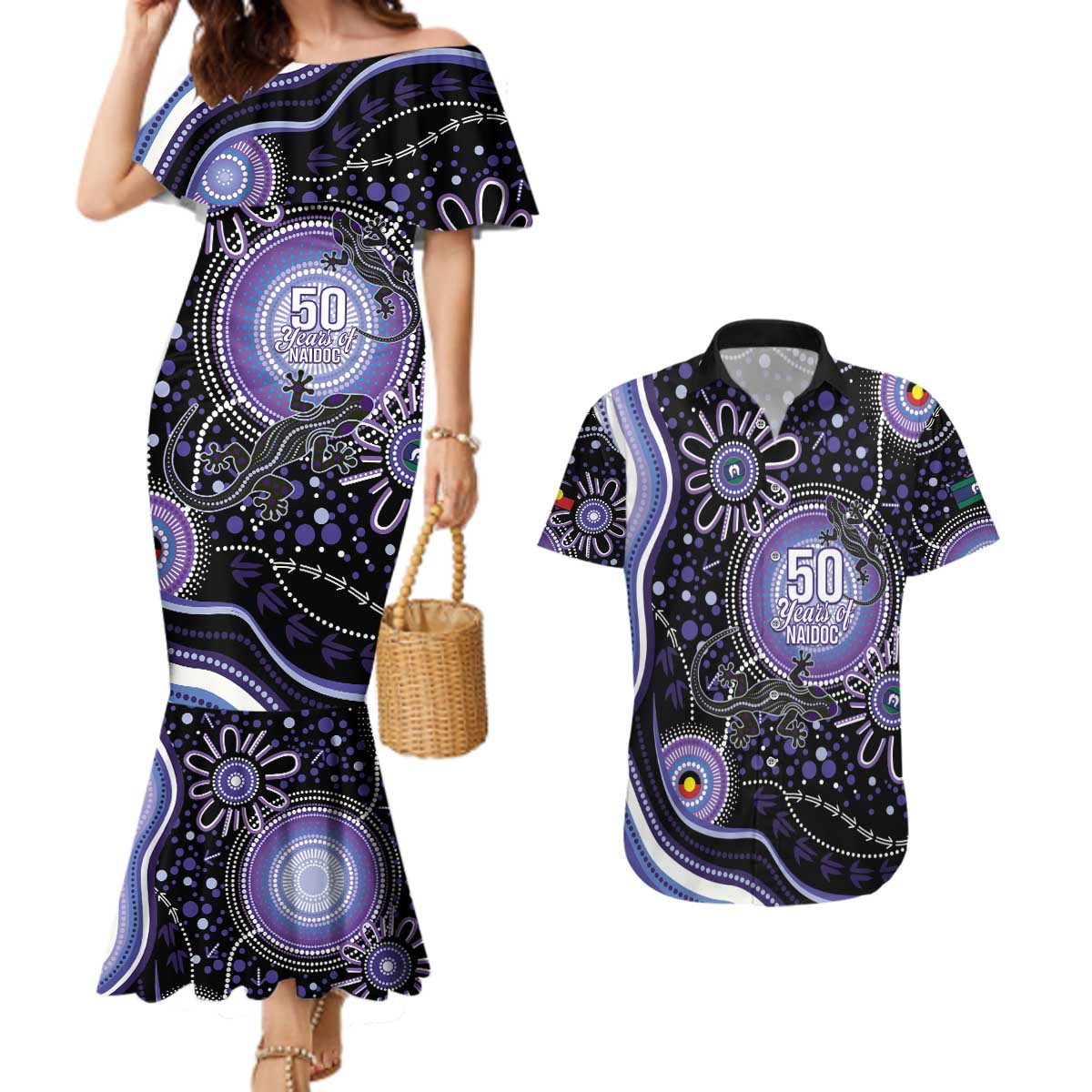 Australia NAIDOC Week Couples Matching Mermaid Dress and Hawaiian Shirt Happy 50th Anniversary Purple Version