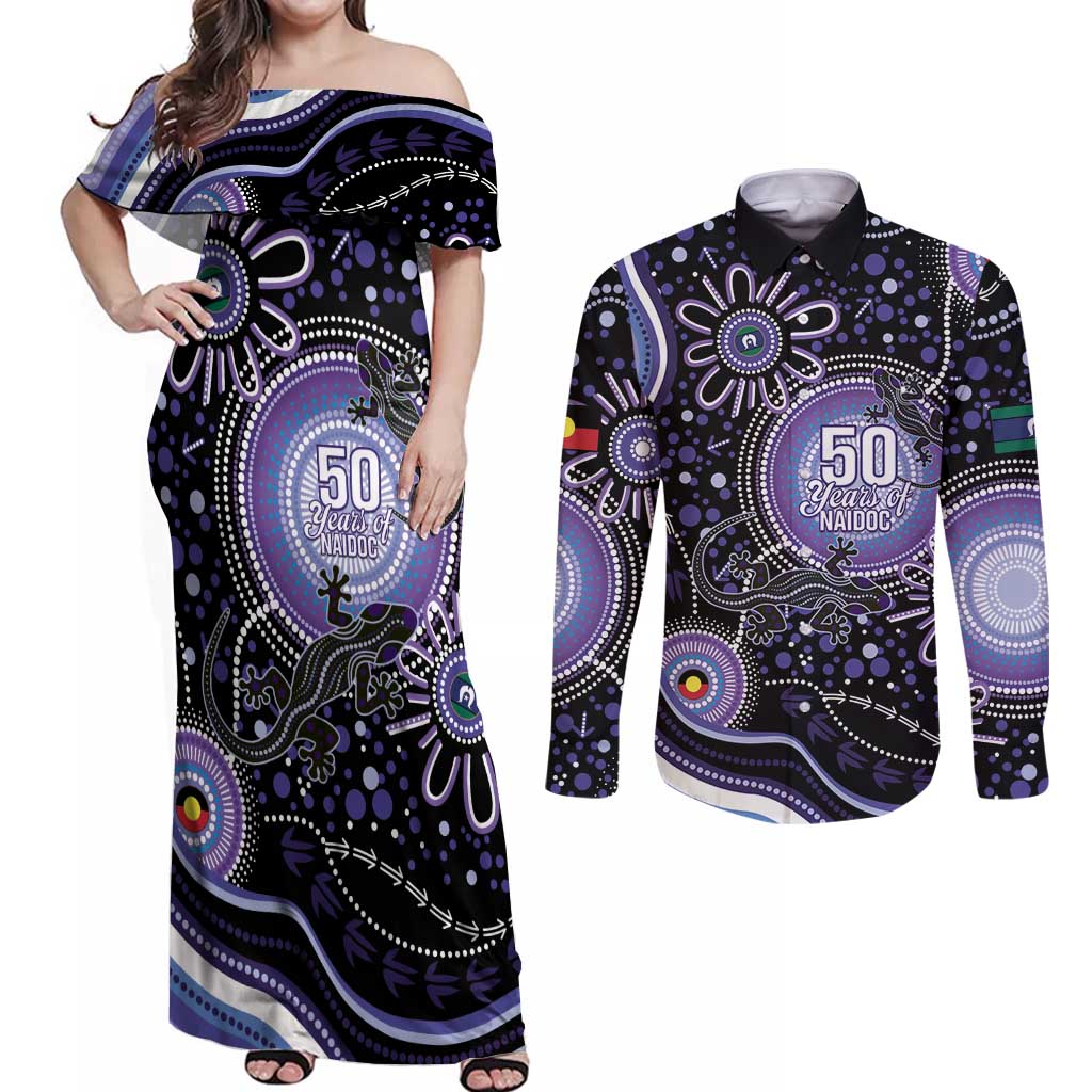 Australia NAIDOC Week Couples Matching Off Shoulder Maxi Dress and Long Sleeve Button Shirt Happy 50th Anniversary Purple Version