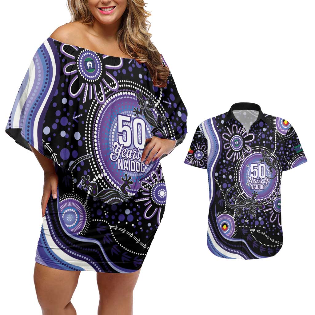 Australia NAIDOC Week Couples Matching Off Shoulder Short Dress and Hawaiian Shirt Happy 50th Anniversary Purple Version