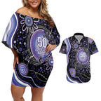 Australia NAIDOC Week Couples Matching Off Shoulder Short Dress and Hawaiian Shirt Happy 50th Anniversary Purple Version
