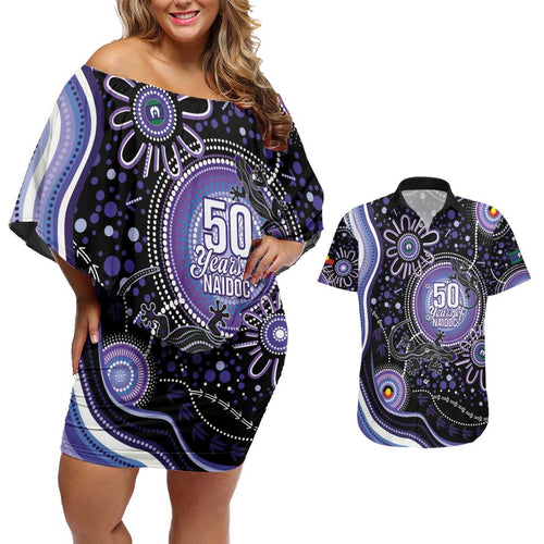 Australia NAIDOC Week Couples Matching Off Shoulder Short Dress and Hawaiian Shirt Happy 50th Anniversary Purple Version