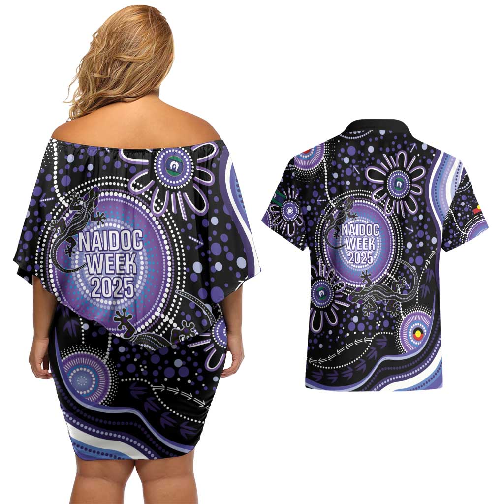 Australia NAIDOC Week Couples Matching Off Shoulder Short Dress and Hawaiian Shirt Happy 50th Anniversary Purple Version
