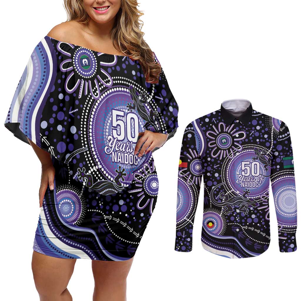 Australia NAIDOC Week Couples Matching Off Shoulder Short Dress and Long Sleeve Button Shirt Happy 50th Anniversary Purple Version