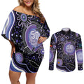 Australia NAIDOC Week Couples Matching Off Shoulder Short Dress and Long Sleeve Button Shirt Happy 50th Anniversary Purple Version