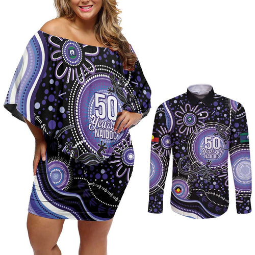 Australia NAIDOC Week Couples Matching Off Shoulder Short Dress and Long Sleeve Button Shirt Happy 50th Anniversary Purple Version