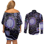 Australia NAIDOC Week Couples Matching Off Shoulder Short Dress and Long Sleeve Button Shirt Happy 50th Anniversary Purple Version
