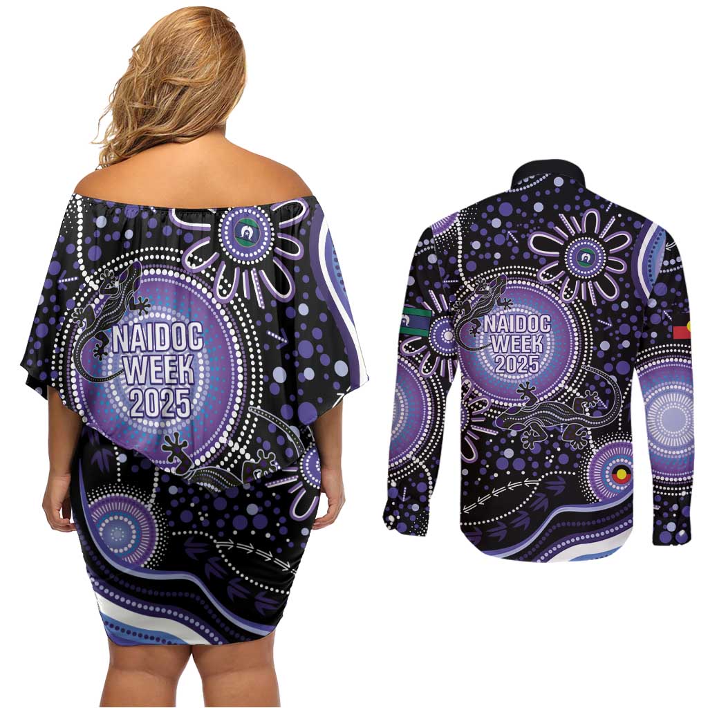 Australia NAIDOC Week Couples Matching Off Shoulder Short Dress and Long Sleeve Button Shirt Happy 50th Anniversary Purple Version