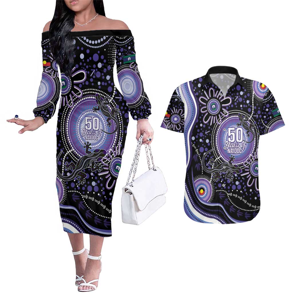 Australia NAIDOC Week Couples Matching Off The Shoulder Long Sleeve Dress and Hawaiian Shirt Happy 50th Anniversary Purple Version