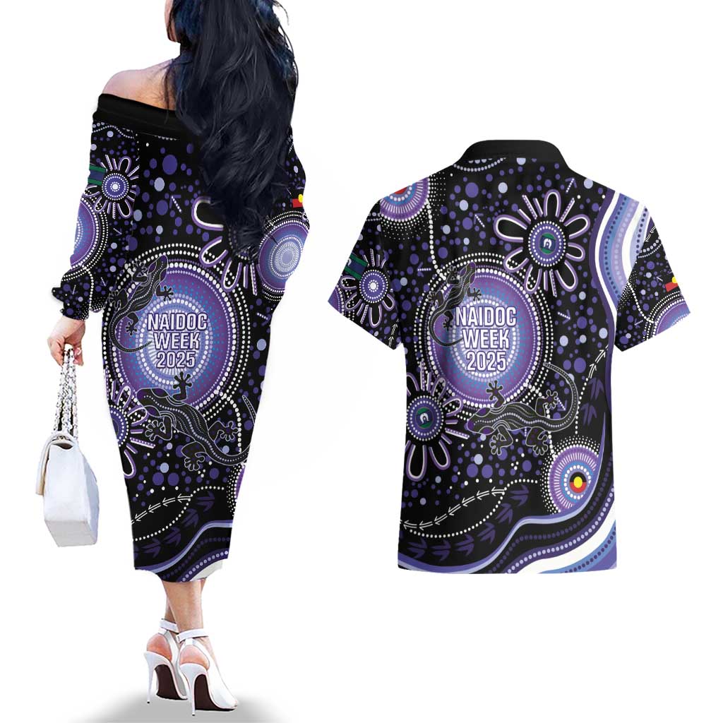 Australia NAIDOC Week Couples Matching Off The Shoulder Long Sleeve Dress and Hawaiian Shirt Happy 50th Anniversary Purple Version