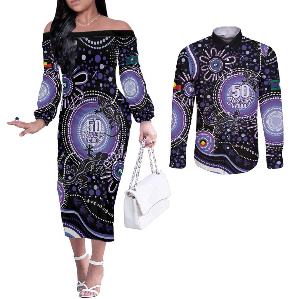 Australia NAIDOC Week Couples Matching Off The Shoulder Long Sleeve Dress and Long Sleeve Button Shirt Happy 50th Anniversary Purple Version