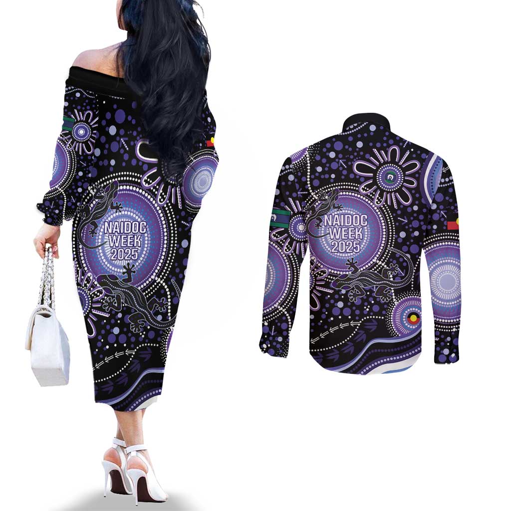 Australia NAIDOC Week Couples Matching Off The Shoulder Long Sleeve Dress and Long Sleeve Button Shirt Happy 50th Anniversary Purple Version