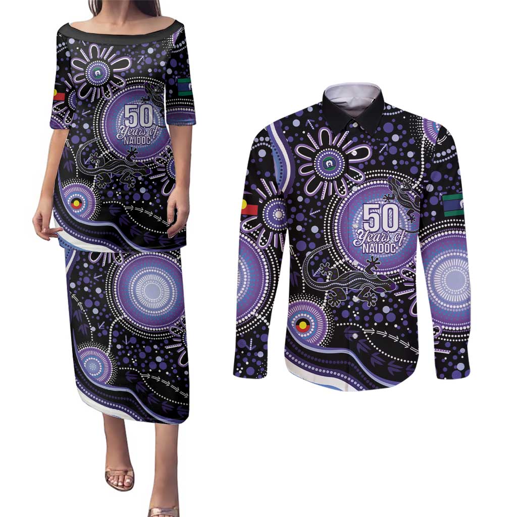 Australia NAIDOC Week Couples Matching Puletasi and Long Sleeve Button Shirt Happy 50th Anniversary Purple Version