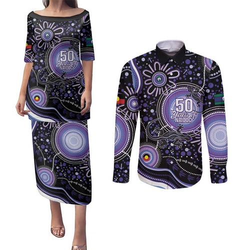Australia NAIDOC Week Couples Matching Puletasi and Long Sleeve Button Shirt Happy 50th Anniversary Purple Version