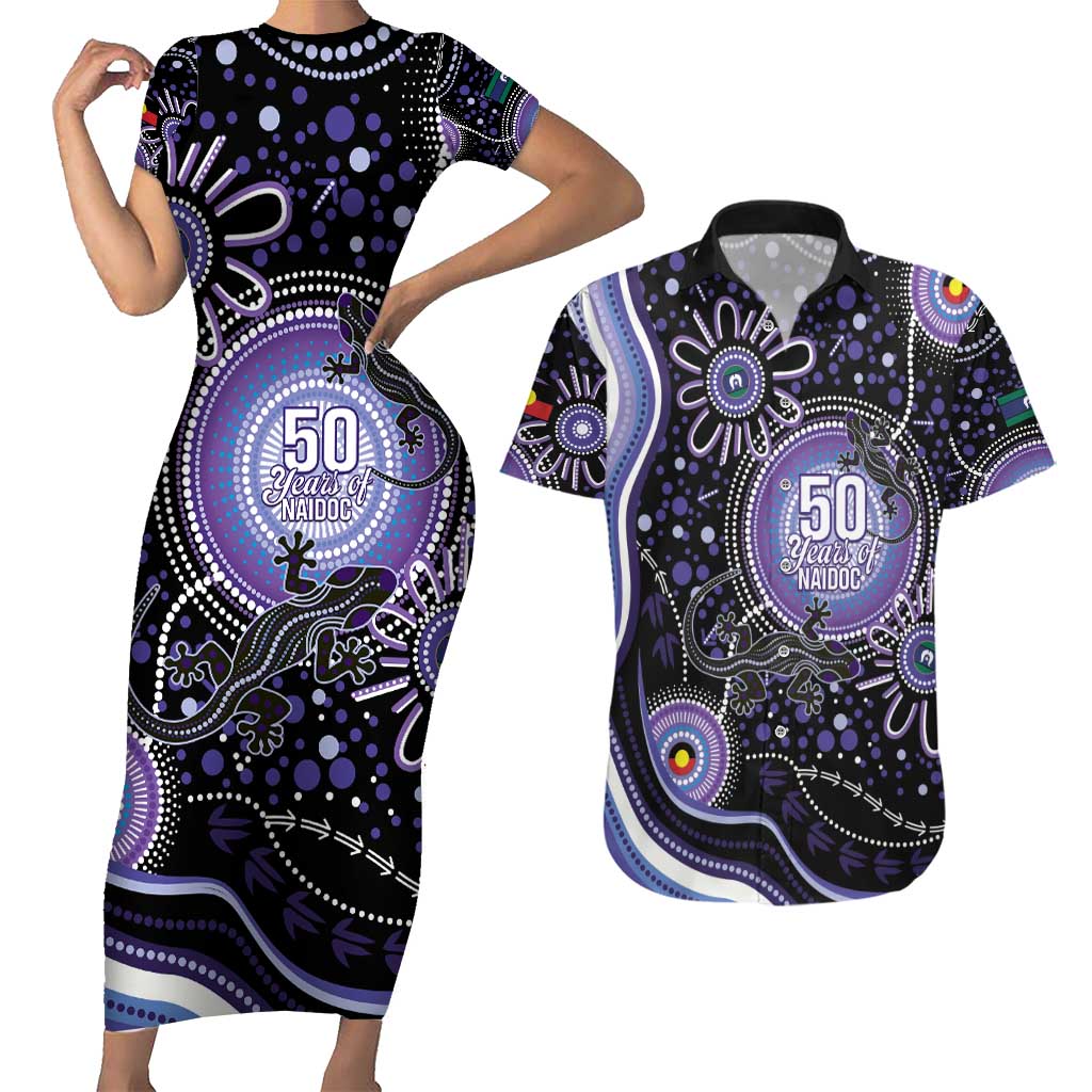 Australia NAIDOC Week Couples Matching Short Sleeve Bodycon Dress and Hawaiian Shirt Happy 50th Anniversary Purple Version